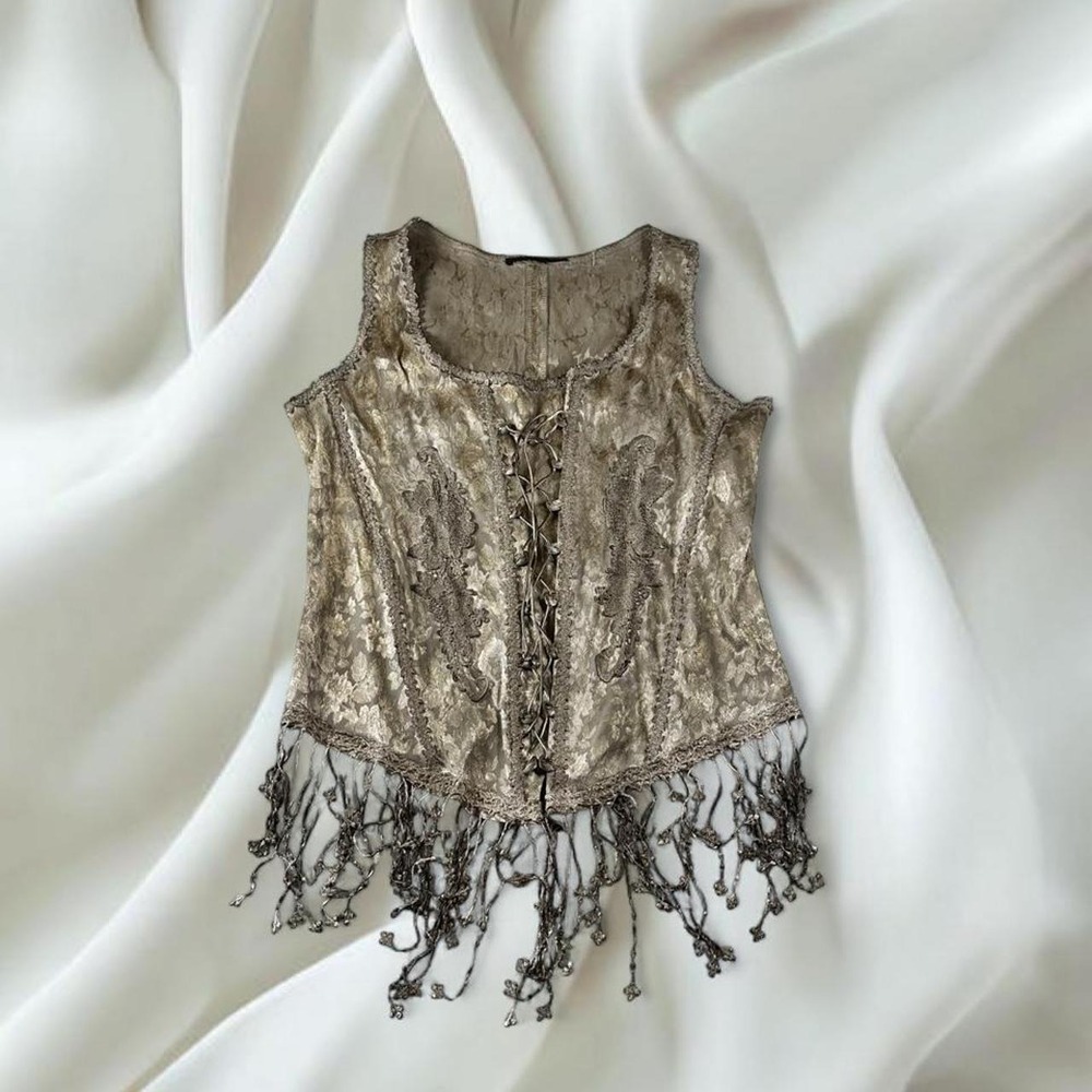 Pat Dahnke antique gold silver tone corset vest fringe hem renaissance y2k fairy